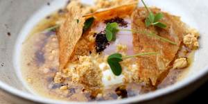 Cilbir (egg with smoked yoghurt and chicken skin shards)