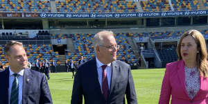 Lord mayor Adrian Schrinner,Prime Minister Scott Morrison and Premier Annastacia Palaszczuk at the Gabba to sign the SEQ City Deal.