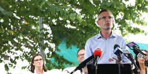 Premier Dominic Perrottet spoke alongside Education Minister Sarah Mitchell in Narellan.