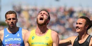 Ollie Hoare celebrates after his 1500m win in Birmingham in 2022,beating two medallists from the world championships,in one of the great Commonwealth Games performances.