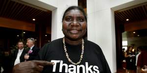 Member of the Australian Reconciliation Board Raymattja Marika wears a shirt saying thanks in response to the Prime Minister Kevin Rudd's apology to the Stolen Generation