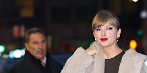 Taylor Swift in New York recently;right:Bassike textured coat. 