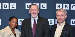 Actor Adelayo Adedayo,creator Tony Schumacher and Martin Freeman at the season 2 launch of The Responder in Liverpool.