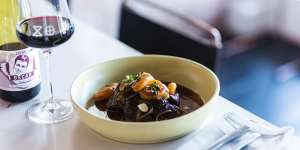 Slow-cooked goat with caramelised onions and apricots.