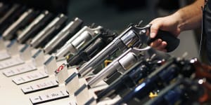 American guns on display at a gun-show in Las Vegas. Many American guns turn up in Mexico.