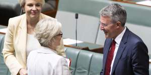 The independent member for Indi,Dr Helen Haines,shaking hands with Attorney-General Mark Dreyfus after he introduced the National Anti-Corruption Commission Bill in the House of Representatives.