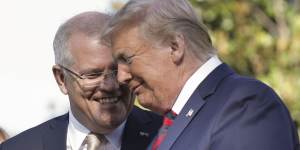 Prime Minister Scott Morrison and US President Donald Trump during a ceremonial welcome for Australia's leader in the US last month.