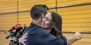 New Zealand Prime Minister Jacinda Ardern hugs her fiancee Clark Gayford.