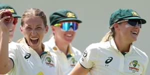 Australia’s Darcie Brown celebrates after taking 5-21 on day one of the Test against South Africa.