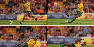 Kurtley Beale taking the ill-fated kick in the final moments of the first Wallabies-Lions Test in 2013.