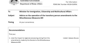 The cover sheet of the classified Home Affairs advice that triggered a referral to the AFP. 