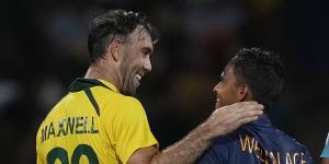 Glenn Maxwell (left) shares a light moment with Sri Lanka’s Dunith Wellalage in June.