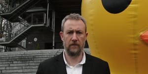 Alex Horne on the set of the show he created,Taskmaster.