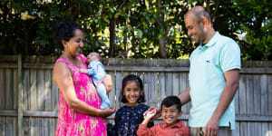 Shameela Karunakaran and Julian Rayappu had their three children,ages 5,3 and 1 month from the one round of IVF. They had the three embryos implanted at different times,in Sydney. 17th September 2021 Photo:Janie Barrett