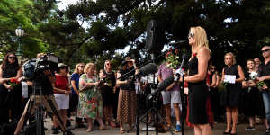 Natalie Hinton,the mother of Tara Brown,who was killed in a domestic violence incident in 2015,speaks during a domestic violence protest in Brisbane on Friday.