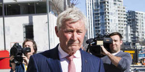 Bernard Collaery leaving the ACT Magistrate’s Court during one of the hearings.