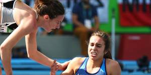True sportsmanship:Nikki Hamblin,left,checks on American runner Abbey D'Agostino.