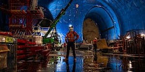 The western end of the giant cavern for the metro station beneath Hunter Street in the Sydney CBD.