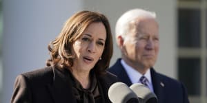 US Vice President Kamala Harris speaks alongside President Joe Biden in March. 