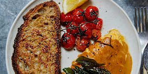 Curry omelette and roasted tomatoes .