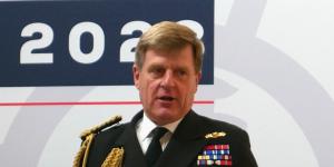 First Sea Lord Admiral Sir Ben Key addressing the First Sea Lord’s Sea Power conference at Lancaster House in May 2023.