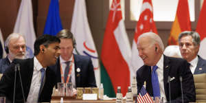 British Prime Minister Rishi Sunak speaks to US President Joe Biden during the G20 Leaders’ Summit in Delhi.