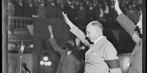 Leader of the New Guard fascist group Eric Campbell making what looks like a Nazi salute in Sydney in December,1931.