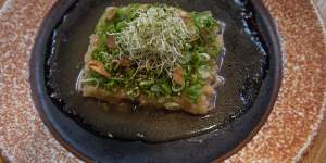 Lunch at Azuma ws platters of sushi and tempura and a tuna salad.