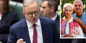 Ali Elliin and his wife Sohila Elliin at their home in Balmain,inset,and Prime Minister Anthony Albanese during question time on Wednesday. 
