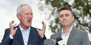 One Nation party officials Steve Dickson (left) and James Ashby field questions during a press conference in Brisbane.