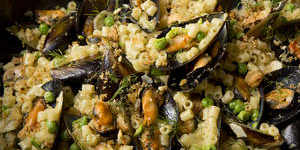 Macaroni with mussels,spring peas and toasted breadcrumbs.