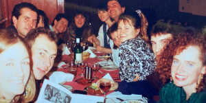 Living large in London:Helen Pitt (right) and Aussie friends in London in 1990.