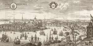 An engraving from 1693 of the Swedish capital,Stockholm,as a bustling port - in the foreground the peak of Kastellholmen next to the royal shipyards.