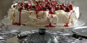 Strodes recipes:Pavlova with dried strawberries,pistachios and rose water cream