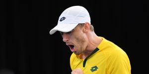 Pumped:John Millman in action for Australia at the Davis Cup.