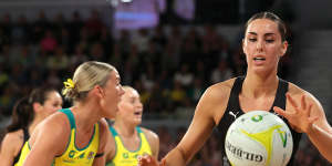 Amelia Walmsley of the Silver Ferns competes the ball.
