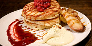 Pancakes with poached rhubarb,baked apple,coffee caramel and mascarpone.