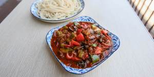 Hand-pulled noodles with stir-fried lamb.