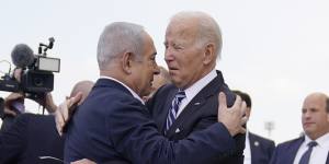 US President Joe Biden is greeted by Israeli Prime Minister Benjamin Netanyahu in Tel Aviv on October 18.