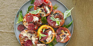 Pepperoni pizza stuffed tomatoes.