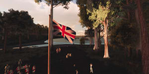 Marines stand below the Union Flag at Sydney Cove as portrayed in the Virtual Warrane for the Australia Day concert.