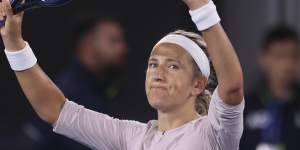 Victoria Azarenka of Belarus reacts after winning her second round match against Clara Tauson of Denmark.
