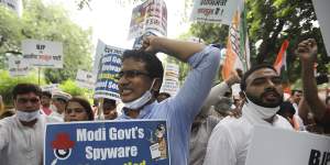 Protestors in New Delhi accuse Prime Minister Narendra Modi’s government of using military-grade spyware to monitor political opponents,journalists and activists. 