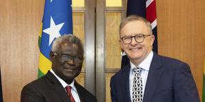 Manasseh Sogavare and Prime Minister Anthony Albanese in October.