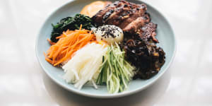 Beef short rib bibimbap - galbi short rib,rice,mixed vegetables,korean pickles,poached egg.
