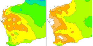 A map from the Bureau of Meteorology showing the average rainfall from November 1 to December 31,2020 (left) compared to the same period in 2021 (right). Orange areas show lower rainfall in the state’s north in 2021,compared to heavy rain indicated by green and blue regions in 2020. 