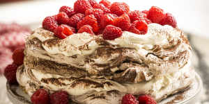 Two-layer chocolate swirl pavlova sandwiched with creme fraiche.