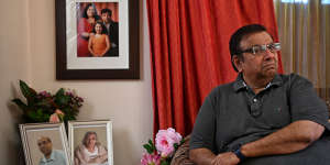 Sanjay Khanna with photos of his brother and mother,who recently died in India. His brother was an Australian citizen and died of COVID-19.