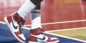 Michael Jordan of the Chicago Bulls sports Nike Air Jordan 1 shoes circa 1985 in Landover,Maryland.