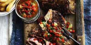 Cooler days bring out cravings for heartier fare,such as tender T-bone with red pepper and lemon salsa.